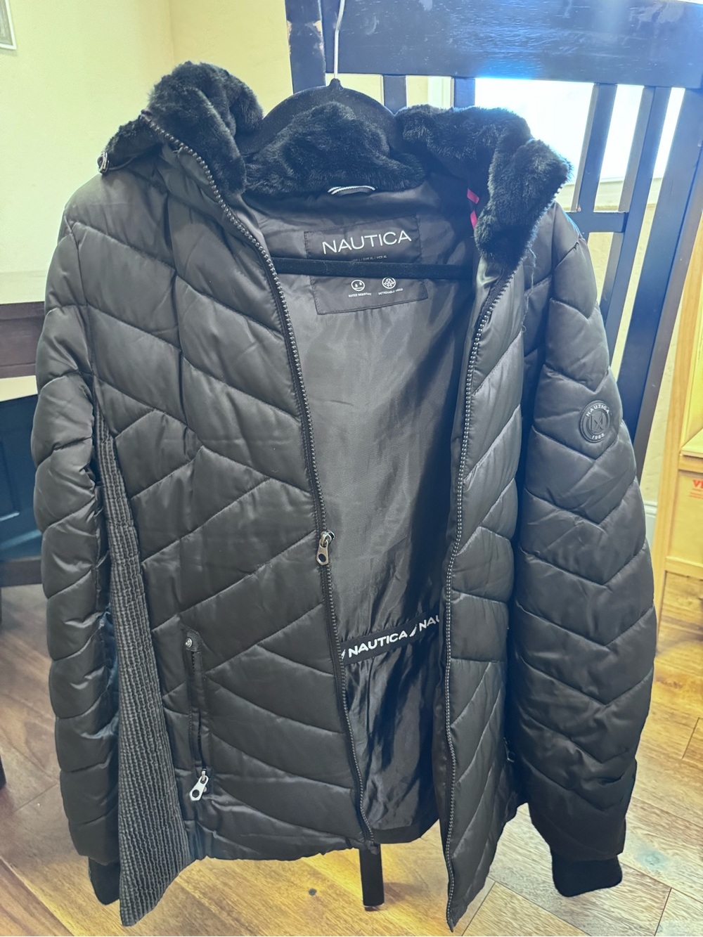 Nautica Men's Black Quilted Puffer Coat with Faux Fur Hood